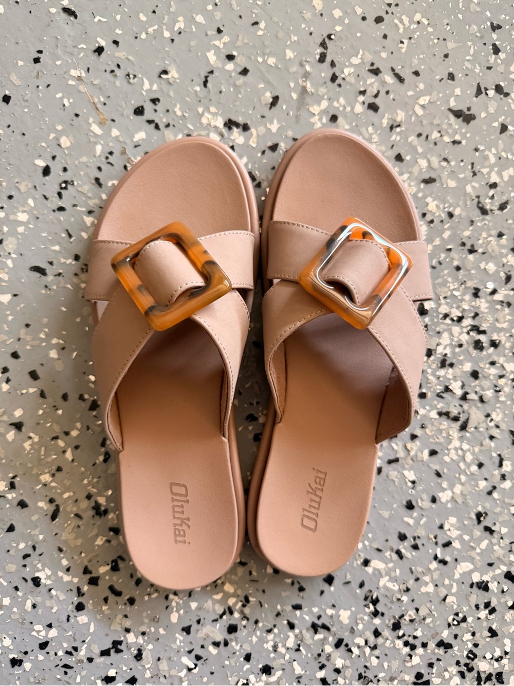 OluKai Women's Blush Tan Slide Sandals with Tortoiseshell Buckle